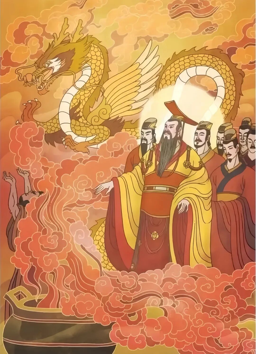 轩辕黄帝铸鼎功成，金龙来迎，黄帝乘龙升天，上古仙话传说