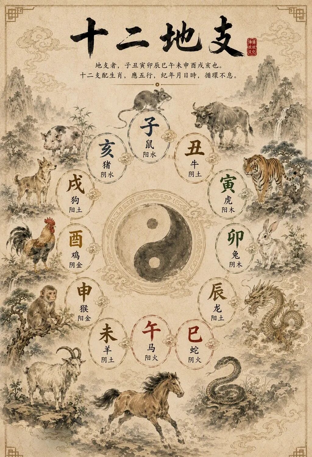 十二地支时辰图 十二地支对应时辰、四时阴阳示意图,展示子丑寅卯辰巳午未申酉戌亥与昼夜气机关系,传统文化干支科普