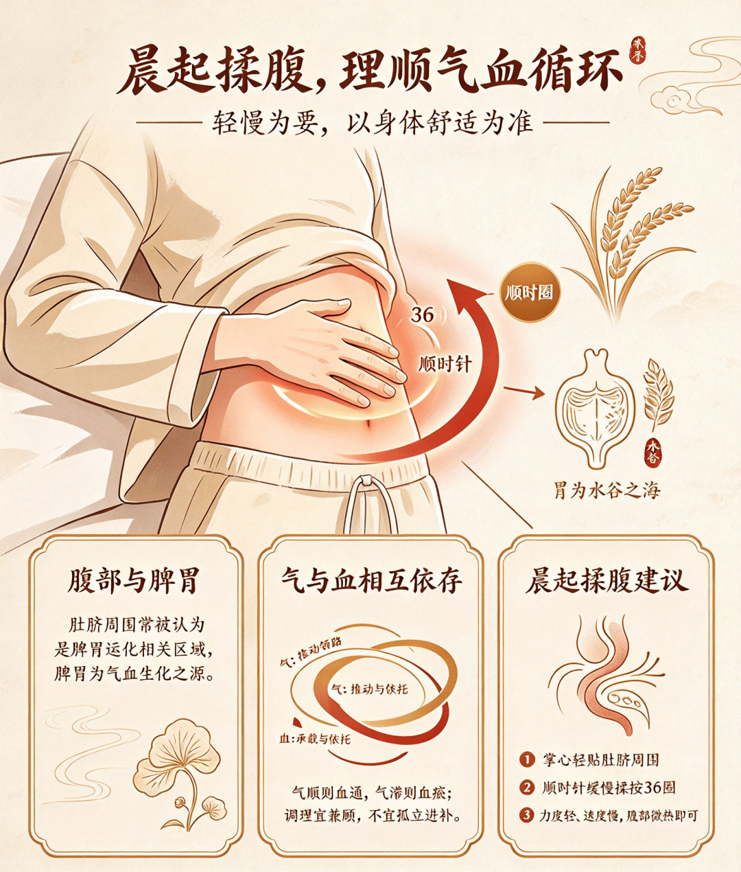 顺时针揉腹，健脾助运化，脾胃为气血生化之源，居家养气血小动作